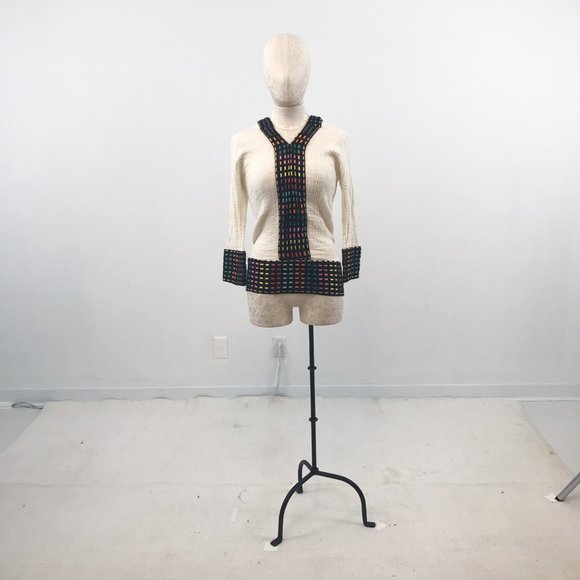 Vintage 70s Surfer Rainbow Stripe Baja Hoodie Cream - Picture 7 of 8